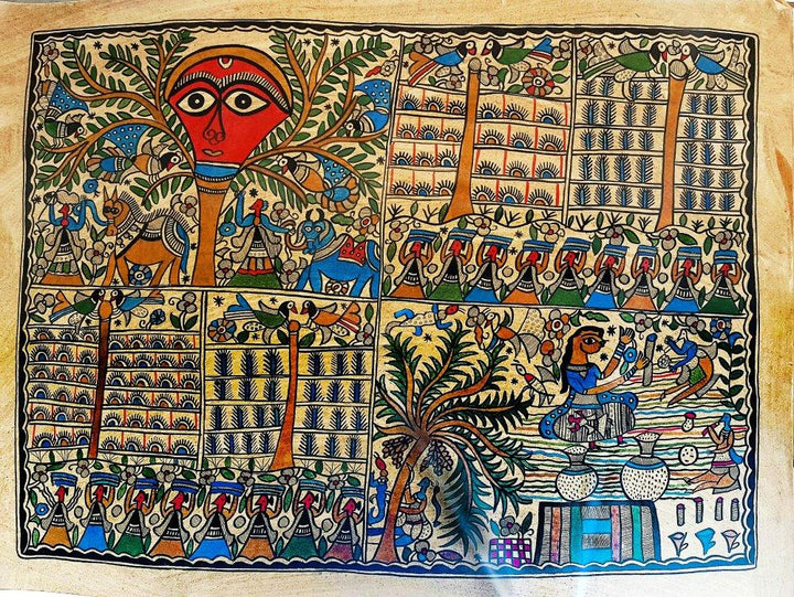 Folk Art madhubani traditional art titled 'A Daily Life', 22x30 inches, by artist Chano Devi on Handmade Paper