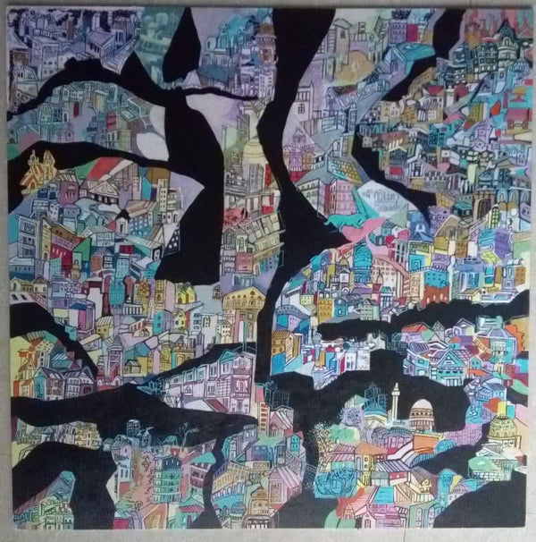 Impressionist acrylic painting titled 'A Day in City', 24x24 inches, by artist Shilpa Kulshrestha on Canvas Board