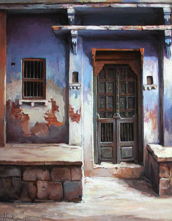 Cityscape acrylic painting titled 'A Doorway', 14x12 inches, by artist Shuvendu Sarkar on Canvas