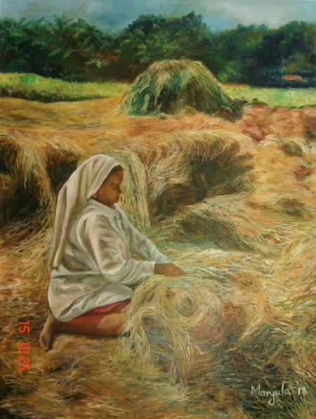 Landscape oil painting titled 'A Farm Scene', 36x24 inches, by artist Manjula Dubey on Canvas