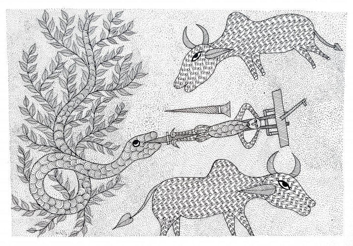 Folk Art gond traditional art titled 'A Farmers Bind Gond Art', 10x14 inches, by artist Umaid Singh Patta on Paper