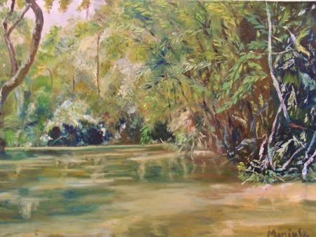 Landscape oil painting titled 'A Forest Lake', 24x18 inches, by artist Manjula Dubey on Canvas