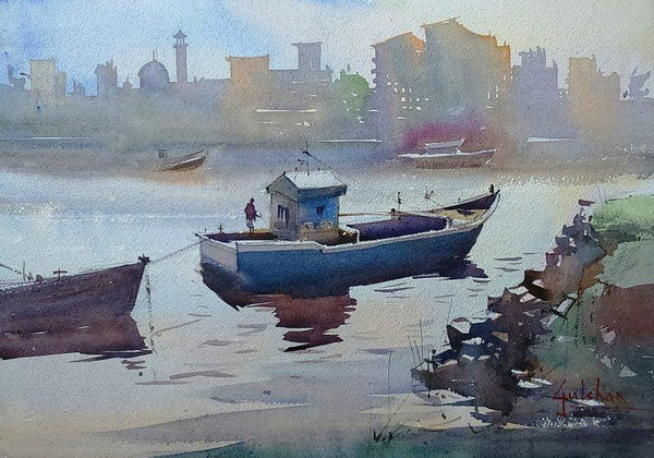 Seascape watercolor painting titled 'A Friend In Need Is A Friend Indeed', 18x13 inches, by artist Gulshan Achari on Paper