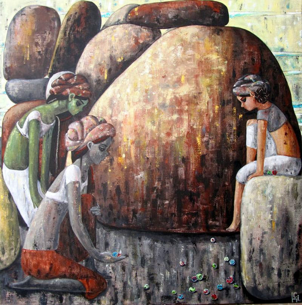 Expressionist acrylic painting titled 'A Game For Three', 48x48 inches, by artist Suruchi Jamkar on Canvas