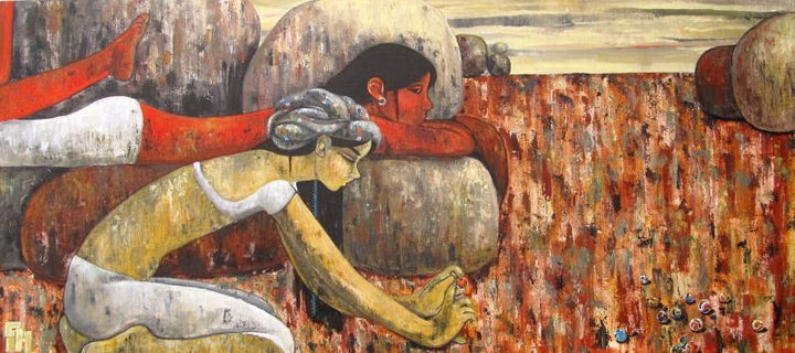 Figurative acrylic painting titled 'A Game Named Life', 27x60 inches, by artist Suruchi Jamkar on Canvas