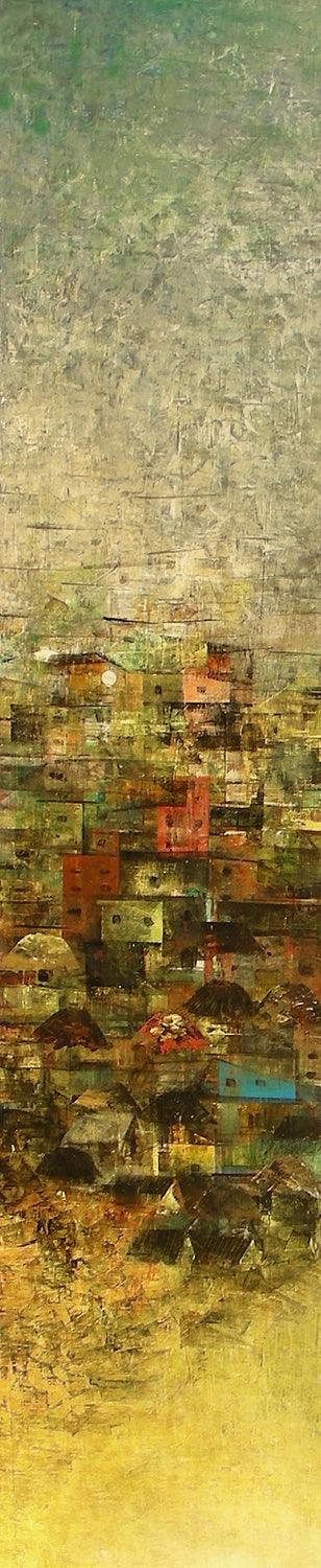 Abstract acrylic painting titled 'A Glimpse Of Village 2', 48x10 inches, by artist M Singh on Canvas