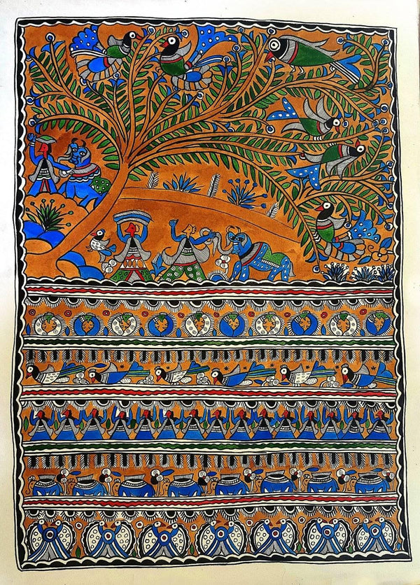 Folk Art madhubani traditional art titled 'A Godna Jungle', 30x22 inches, by artist Chano Devi on Handmade Paper