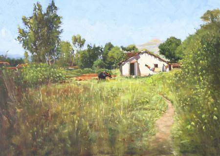 Landscape oil painting titled 'A Grange', 22x32 inches, by artist Vivek Vadkar on Canvas