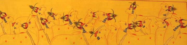 Animals pichwai traditional art titled 'A Group In Love For Krishna Pichwai Pain', 12x36 inches, by artist Yugdeepak Soni on Cloth