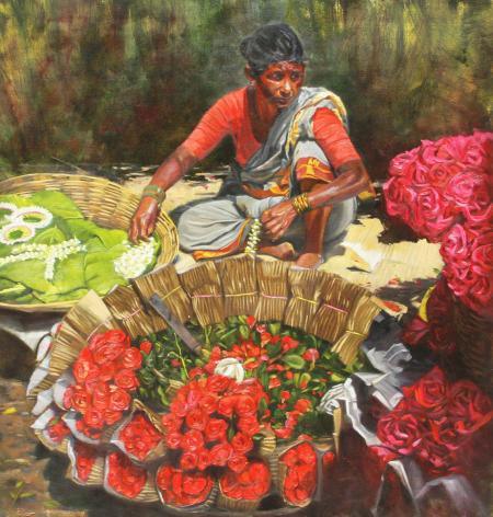 Realistic oil painting titled 'A Hostess', 26x24 inches, by artist Vivek Vadkar on Canvas