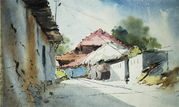 Landscape watercolor painting titled 'A lane of Mondha Village', 12x18 inches, by artist Ghanshyam Dongarwar on cold pressed