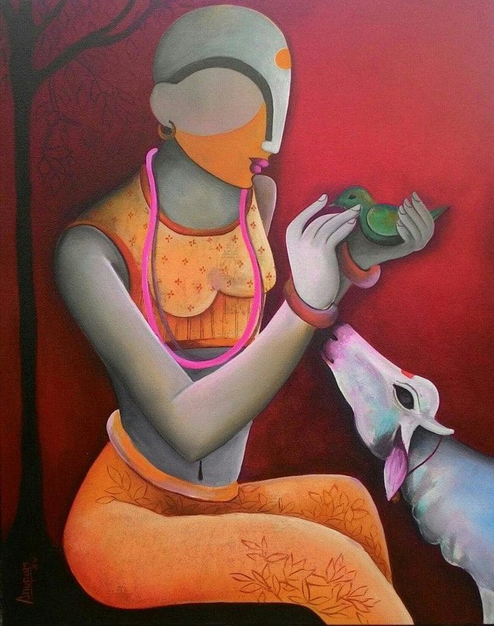 Figurative acrylic painting titled 'A Litle Conversation', 30x24 inches, by artist Anupam Pal on Canvas