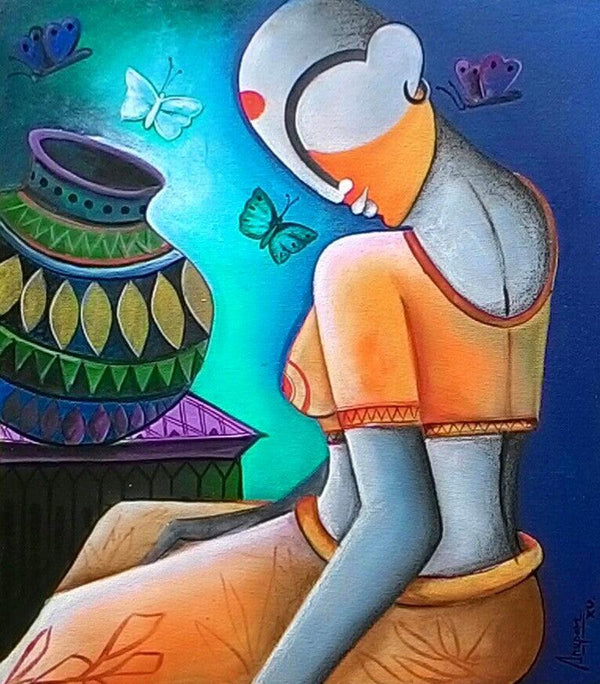 Figurative acrylic painting titled 'A little conversation', 28x25 inches, by artist Anupam Pal on Canvas