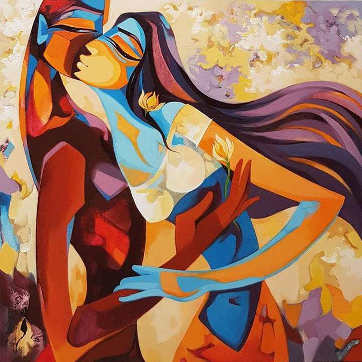 Figurative acrylic painting titled 'A Love Story', 36x36 inches, by artist Laxmi Mysore on Canvas