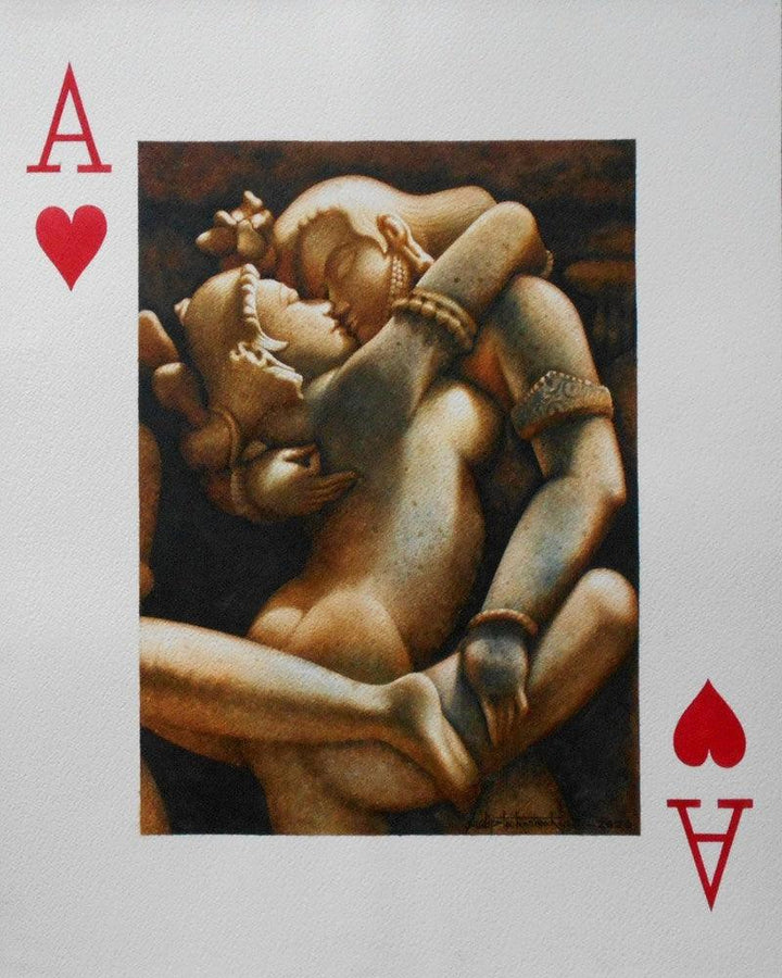 Figurative watercolor painting titled 'A Lovely Play Card', 23x18 inches, by artist Sudipta Karmakar on Paper