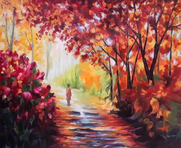 Nature oil painting titled 'A Magical Fall', 36x30 inches, by artist Abid Khan on Canvas