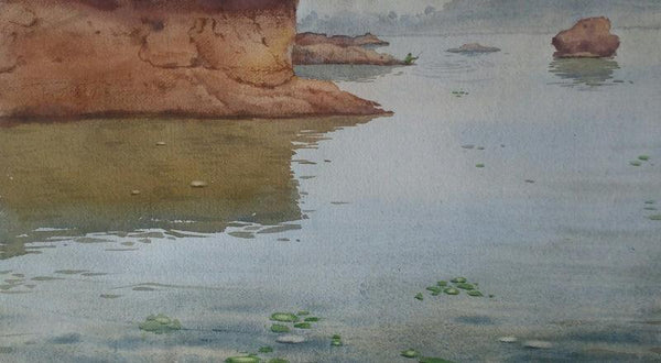 Seascape watercolor painting titled 'A Moment At River', 10x19 inches, by artist Harshwaradhan Devtale on Paper