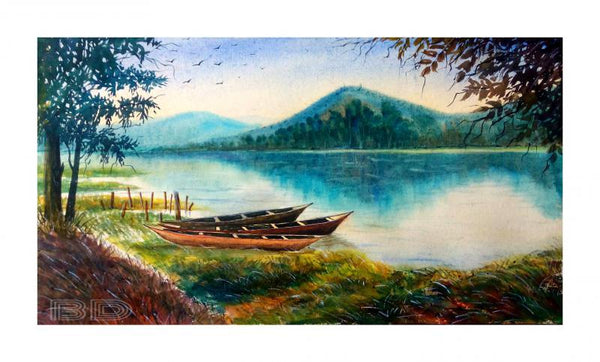 Landscape watercolor painting titled 'A moment of Deepor Bill of Assam', 22x12 inches, by artist Biki Das on Paper