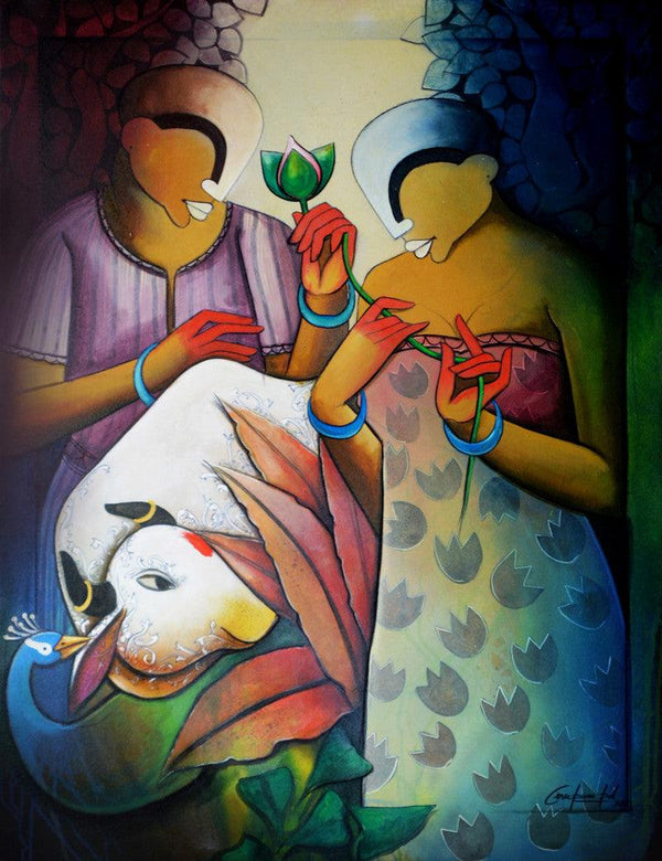 contemporary acrylic painting titled 'A Moment of Love', 36x48 inches, by artist Anupam Pal on canvas