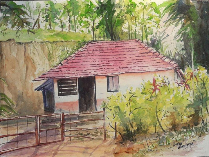 Landscape watercolor painting titled 'A peaceful morning at Wayanad', 12x16 inches, by artist Lasya Upadhyaya on Paper