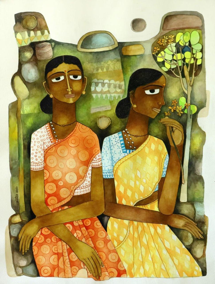 Figurative watercolor painting titled 'A Pleasing Day', 28x21 inches, by artist Mohit Naik on Paper