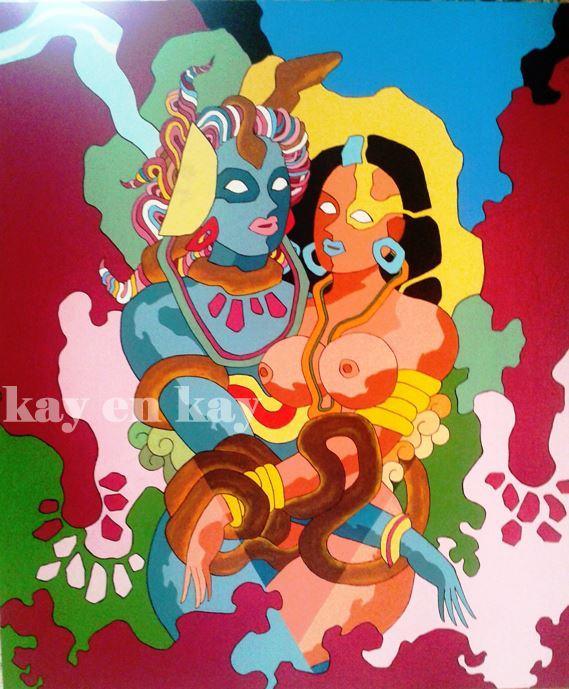 Religious acrylic painting titled 'A Psychedelic Fusion', 42x36 inches, by artist Narayanankutty Kasthuril on Canvas Board