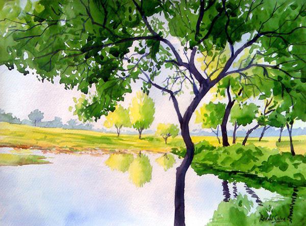 Landscape watercolor painting titled 'A Quiet Place', 15x11 inches, by artist Rahul Salve on Paper