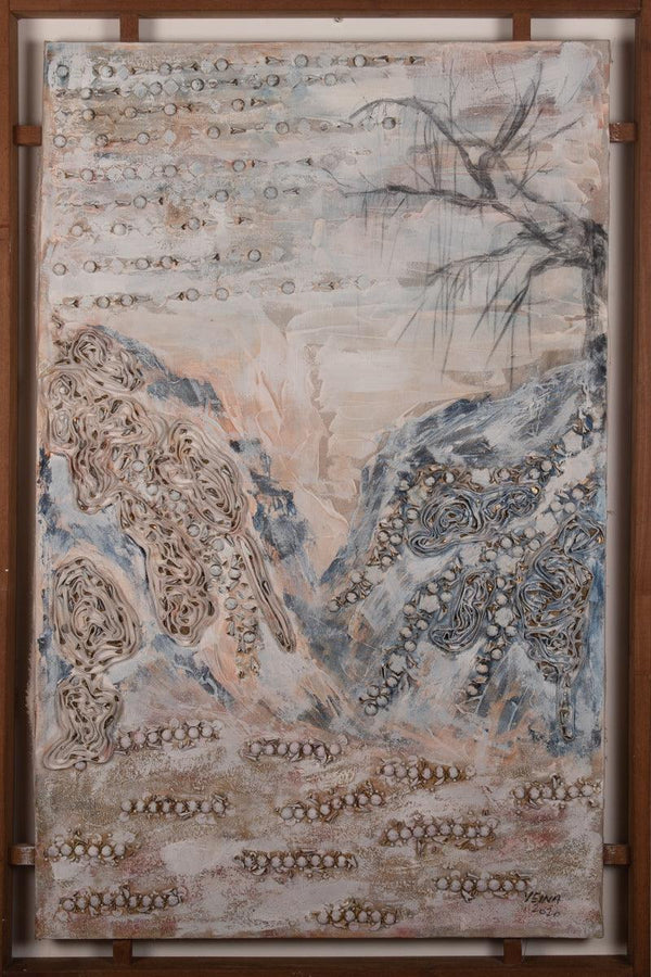 Abstract mixed media titled 'A Remote Place', 46x29 inches, by artist Veena Advani on Canvas