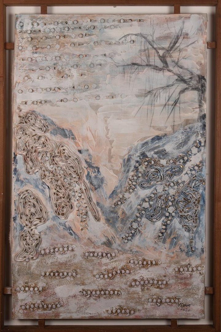 Abstract mixed media titled 'A Remote Place', 46x29 inches, by artist Veena Advani on Canvas