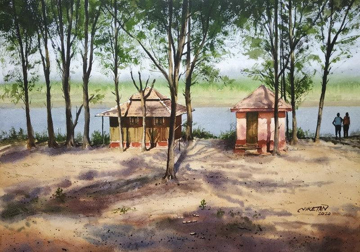 Landscape watercolor painting titled 'A River Side', 17x12 inches, by artist Niketan Bhalerao on Paper