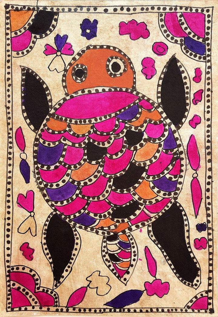 Folk Art madhubani traditional art titled 'A Sacred Turtle', 11x8 inches, by artist Yamuna Devi on Handmade Paper