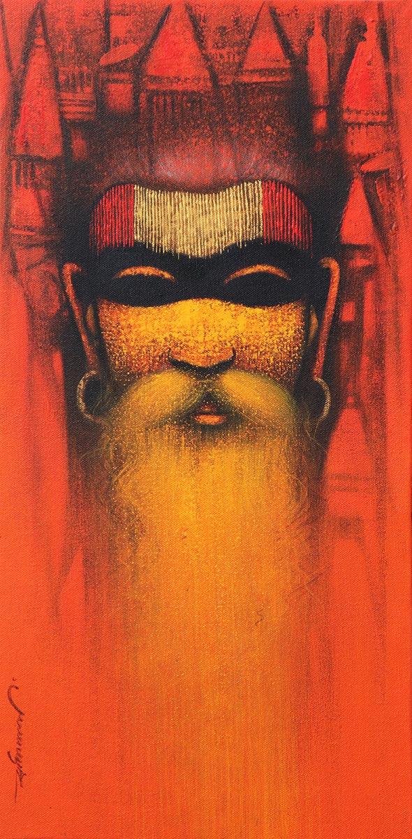 Religious acrylic painting titled 'A Sadhu Reminiscences 1', 24x12 inches, by artist Somnath Bothe on Canvas