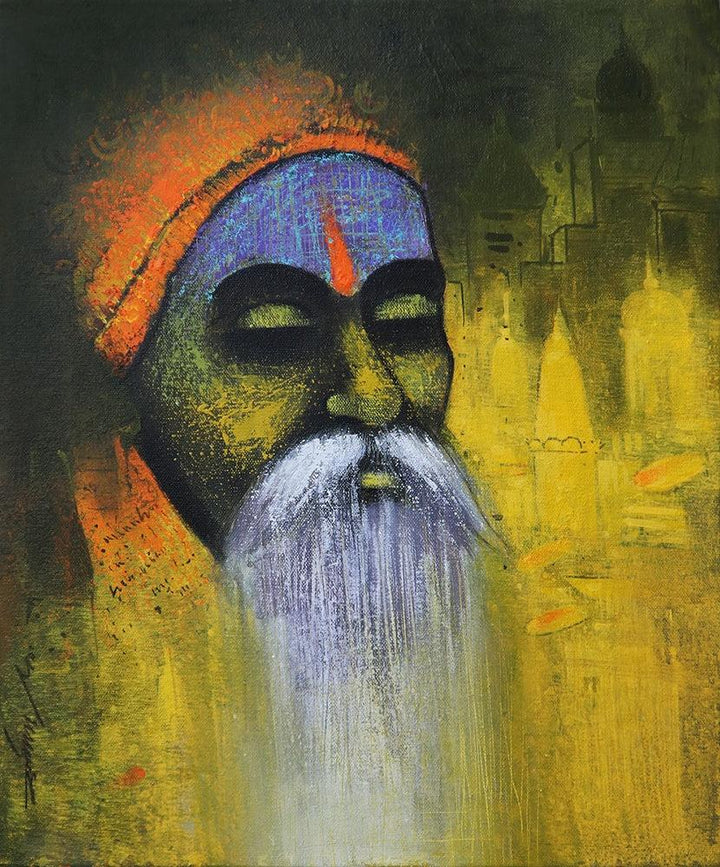 Religious acrylic painting titled 'A Sadhu Reminiscences 2', 18x15 inches, by artist Somnath Bothe on Canvas