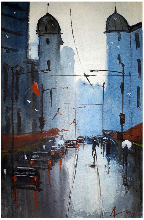 Cityscape watercolor painting titled 'A Streetscape', 11x7 inches, by artist Arunava Ray on Paper