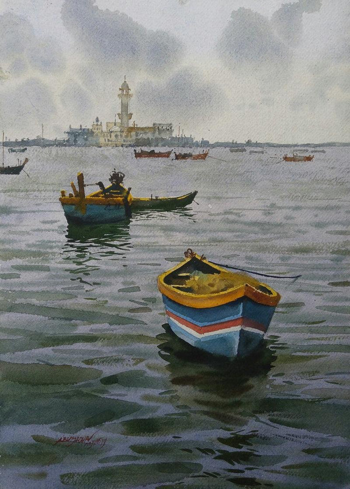 Seascape watercolor painting titled 'A Sunny Day And Boat 2', 22x14 inches, by artist Abhijit Jadhav on Paper