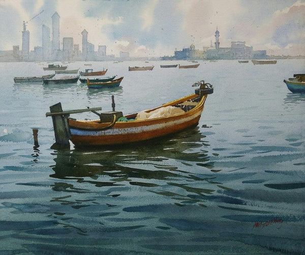 Seascape watercolor painting titled 'A Sunny Day And Boat', 24x30 inches, by artist Abhijit Jadhav on Paper