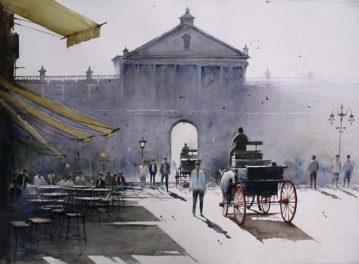 Cityscape watercolor painting titled 'A Sunny Day In Kolkata 2', 29x41 inches, by artist Arup Lodh on Paper