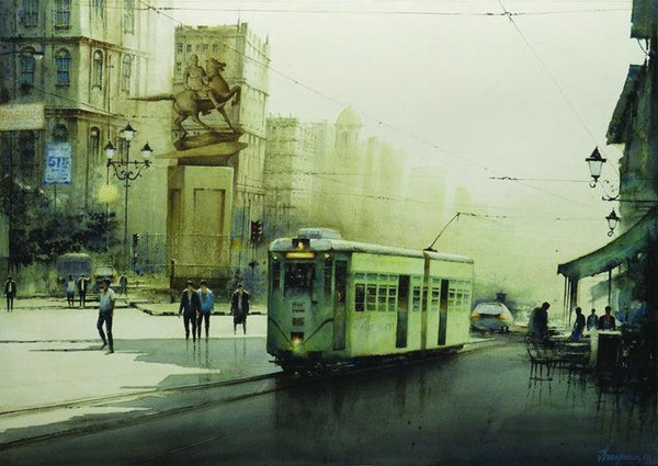 Cityscape watercolor painting titled 'A Sunny Morning', 28x42 inches, by artist Arup Lodh on Fabriano Paper