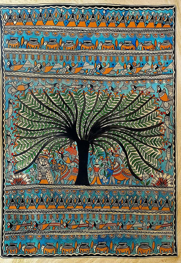 Folk Art madhubani traditional art titled 'A Tree Of Life', 30x22 inches, by artist Chano Devi on Handmade Paper