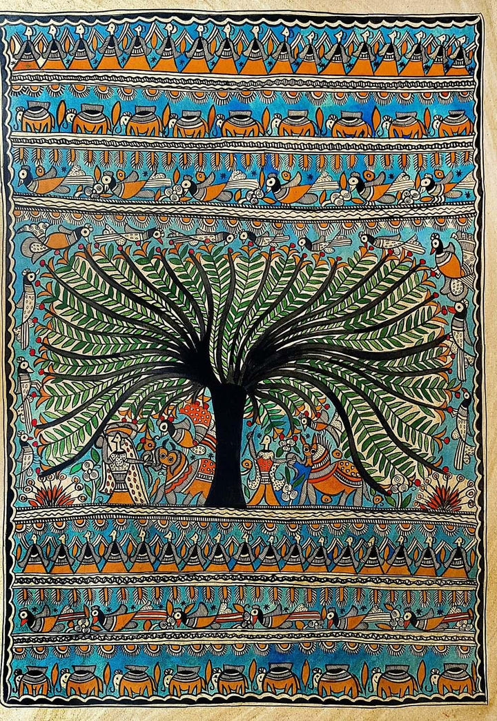 Folk Art madhubani traditional art titled 'A Tree Of Life', 30x22 inches, by artist Chano Devi on Handmade Paper