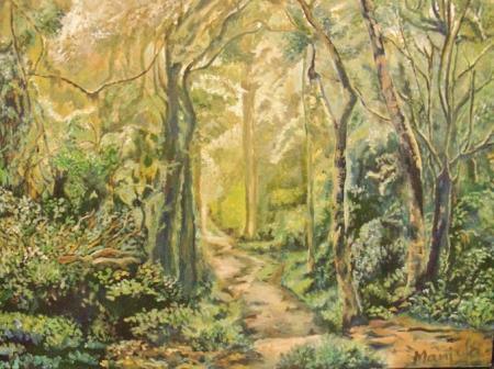 Landscape oil painting titled 'A Tropical Forest', 24x18 inches, by artist Manjula Dubey on Canvas