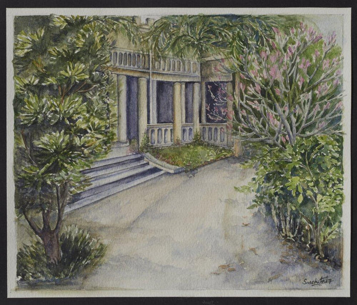 Nature watercolor artcontent titled 'A view of the office building from the lawn', 9x14 inches, by artist Sucheta Misra on paper