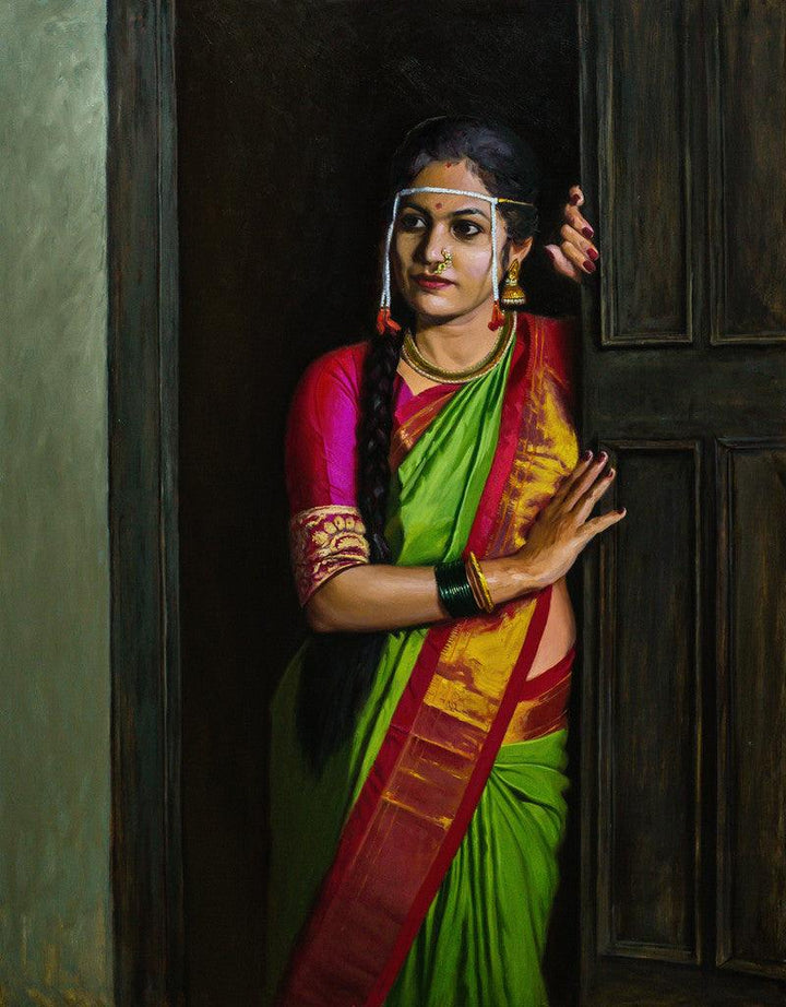 Figurative oil painting titled 'A Waiting', 44x34 inches, by artist Mahesh Soundatte on Linen