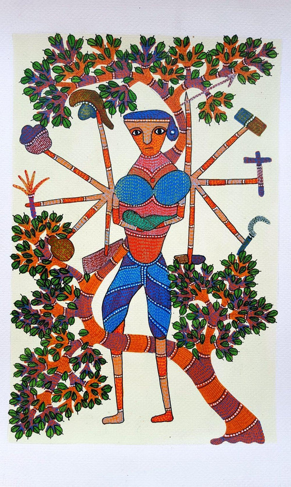 Folk Art gond traditional art titled 'A Woman Can Do Anything Gond Art', 10x14 inches, by artist Suresh Kumar Dhurve on Paper