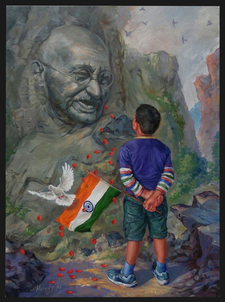 Figurative oil painting titled 'A Young Patriot', 48x36 inches, by artist Mahesh RC on Canvas