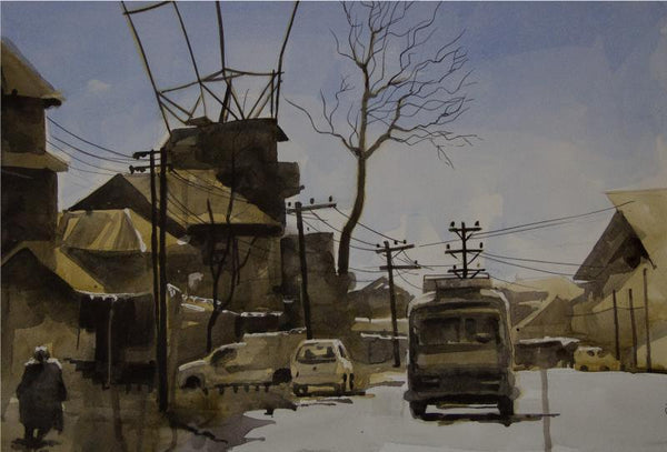 Landscape watercolor painting titled 'Aab Rang Kashmir 16', 24x30 inches, by artist Suhail Naqshbandi on Paper