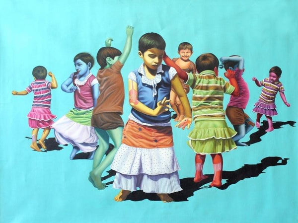 Figurative mixed media painting titled 'Aaja Nach Le', 48x60 inches, by artist Jitendra Saini on Canvas