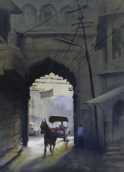 Cityscape watercolor painting titled 'Aarch', 28x22 inches, by artist Kishor Nadavdekar on Paper