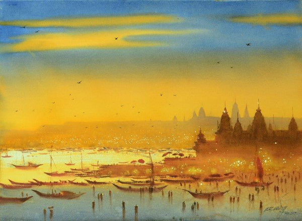 Nature watercolor painting titled 'Aarti at Banaras Ghat', 22x30 inches, by artist Ganesh Hire on Paper