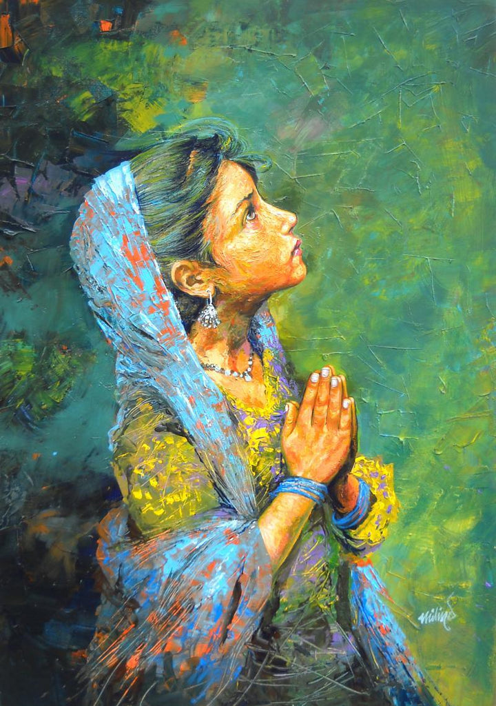 Figurative acrylic painting titled 'Aastha', 24x36 inches, by artist Milind Varangaonkar on Canvas